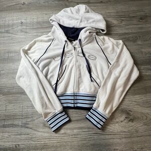 Bebe Hoodie Womens Small White Terry Cloth Rhinestone Logo Zip Up Cropped Y2K